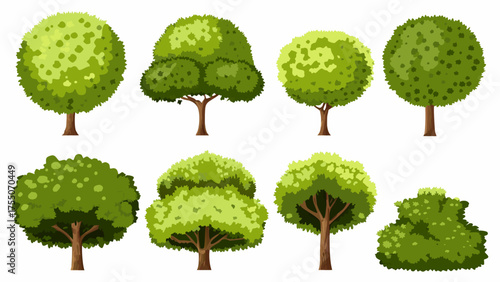 Cartoon green summer bushes. Garden plants. Shrubbery tree different shapes. Eco decorative landscape elements. Hedge with branches and foliage leaves. Natural shrubs. Splendid vector set stock illust