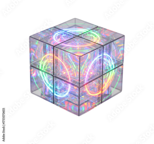 Holographic cube abstract design light trails technology modern art rendering on transparent background