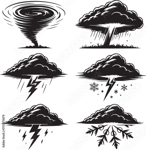 Monochromatic Depiction of Weather Phenomena Tornado Downpour Thunderstorm Snowy Conditions and Icy Outbursts Captured in a Striking Black and White Visual