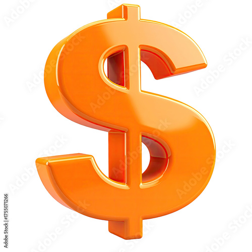 A glossy orange dollar sign on a black background, illuminated with highlights and shadows