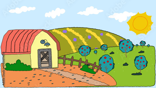 A delightful and whimsical children’s sketch depicting a peaceful rural scene. Featuring simple lines and bright colors, it showcases farmland, animals, and nature through the innocent eyes of a child