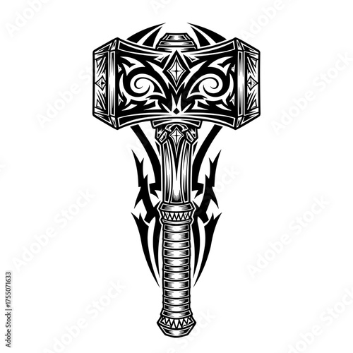 Unleash your inner warrior with this powerful hammer tattoo design, a bold black and white statement of strength and ancient mythology inspiration