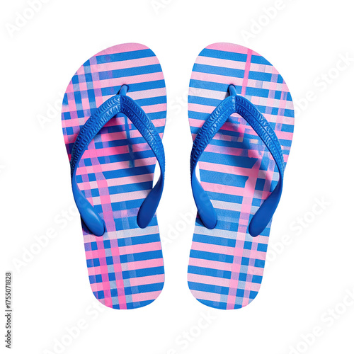 Pair of colorful flip-flops with blue straps and a pink and blue grid pattern, on black