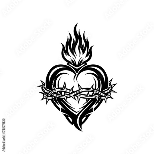 Dramatic Sacred Heart Design with Flames and Thorns, Perfect for Tattoo Art or Religious Symbolism Projects, Striking Visual Element, Gothic Style, Bold Graphic