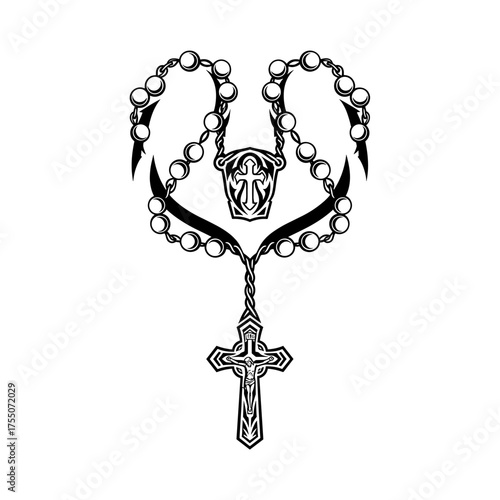 Elegant rosary design for crafting or religious themes, perfect for tattoo art or spiritual projects, showcasing faith and devotion in black and white