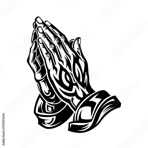 Striking tattoo design featuring praying hands with tribal art details, perfect for expressing faith and spirituality with edgy modern style
