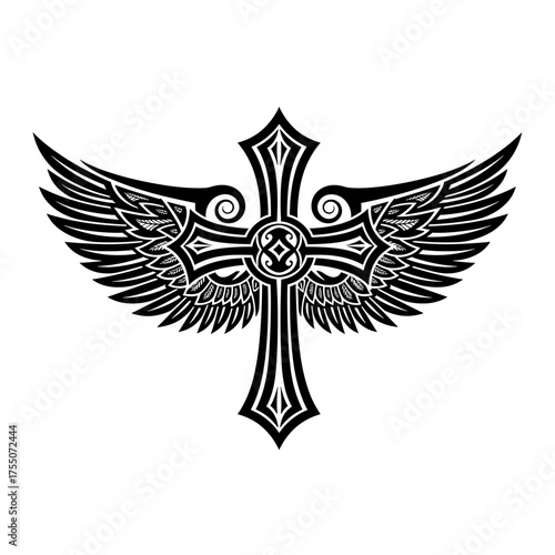 Striking winged cross tattoo design for edgy apparel or spiritual branding, perfect for modern faith-based campaigns and impactful visual statements