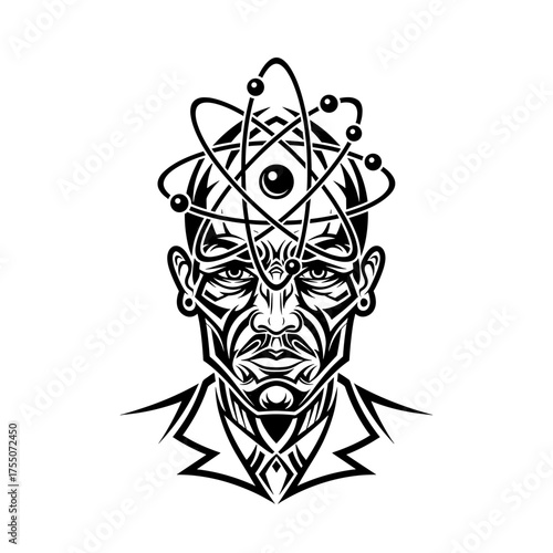 Intelligent visionary with atom halo, a striking symbol of scientific innovation and intellectual power for cutting-edge technology brands and future-focused concepts