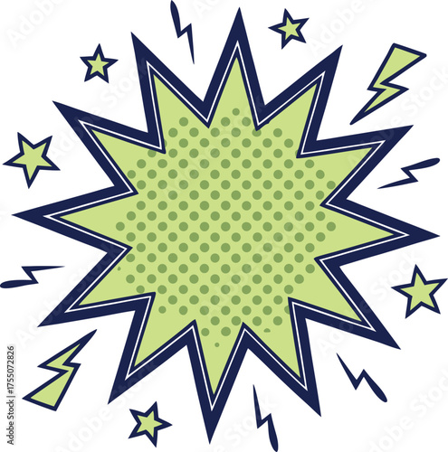 Lime green comic burst dark blue border stars lightning bolts