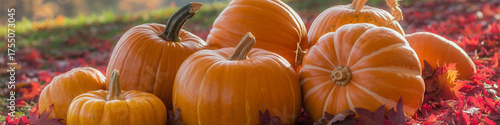 horizontal image, jack-o-lantern pumpkins, isolated orange colored background. For banner, design, Halloween celebration, LinkedIn, social media,