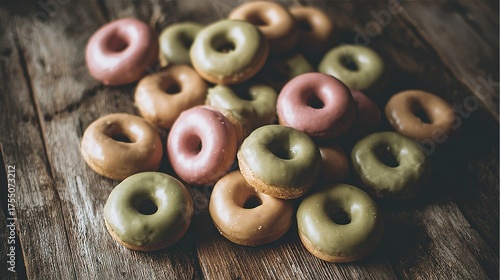   A wooden table sits atop a pile of doughnuts, surrounded by more doughnuts
