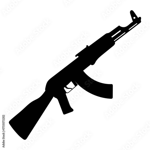 Vector art of silhouette of an ak47 assault rifle represents military, conflict, weapon, and power, symbolizing danger, control, and the impact of warfare