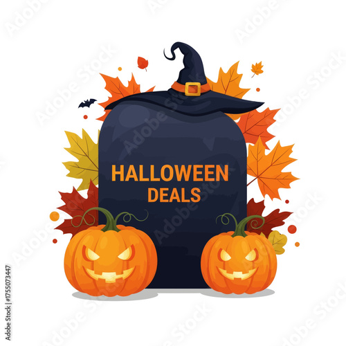 Halloween-themed illustration featuring a witch's hat, pumpkins, autumn leaves, and the words 'Halloween Deals'.