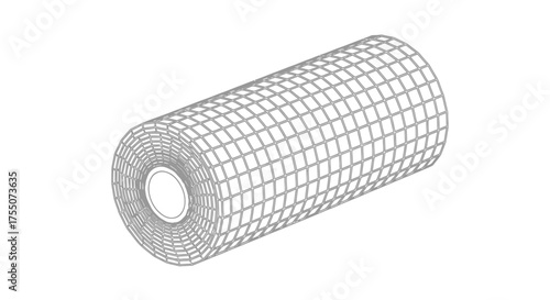 Isometric Wireframe Cylinder with Grid Pattern and Hole.