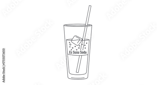 A tall glass of soda with ice cubes and a straw.