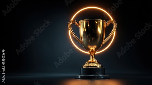 A golden trophy stands proudly on a base encircled by a soft glow. This symbol of victory radiates against a dark backdrop highlighting accomplishments and recognition in various fields.