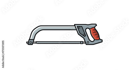 A detailed illustration of a metal hacksaw with a red and gray handle.