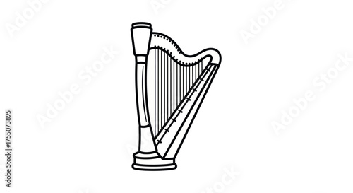 Elegant outline drawing of a classical harp with many strings.