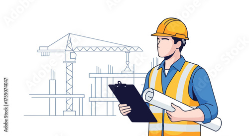 Construction Worker Holding Plans and Clipboard Wearing Safety Gear.