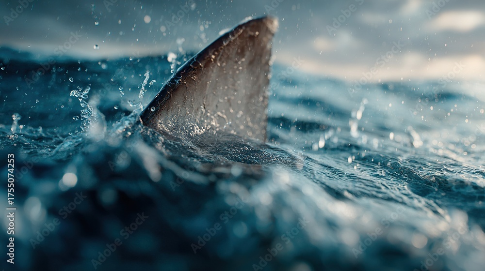 Fototapeta premium A close-up of a shark's fin in a water body with cloudy sky background