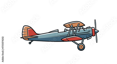 Cartoon Illustration of a Classic Biplane Aircraft with Propeller.