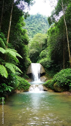 Waterfall cascading into a clear pool surrounded by lush green forest