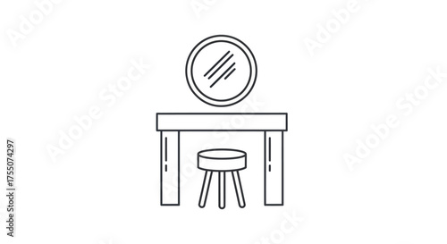 Simple Outline Illustration of a Vanity Table with Mirror and Stool.