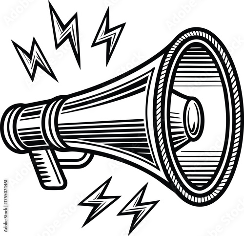 Black megaphone with lightning bolt sound waves broadcast