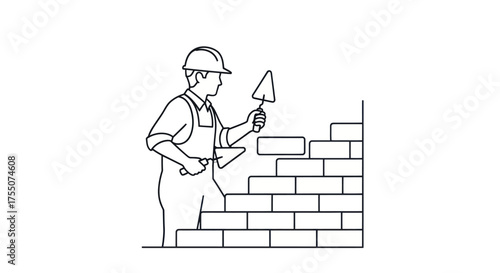 Sketched Bricklayer Building a Brick Wall with Trowel and Hard Hat.