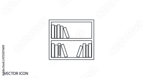 A minimalist black line art icon of a two-shelf bookcase filled with books.