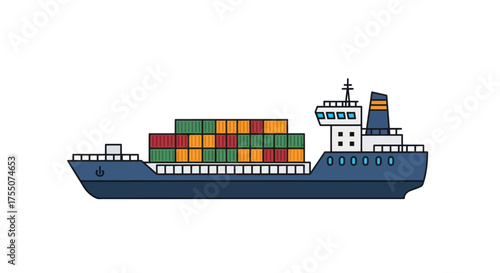 Large blue cargo ship carrying colorful stacked shipping containers across the sea.