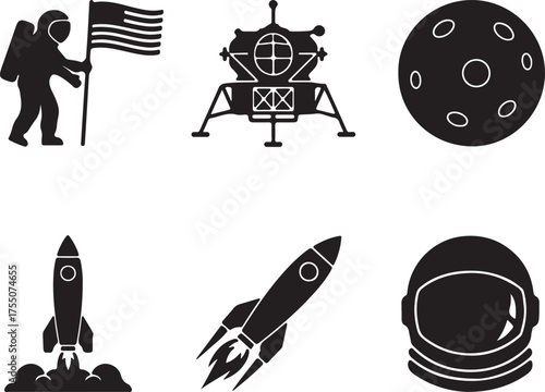Iconic space exploration set astronaut flag lunar module rocket ship moon helmet isolated graphics for cosmic adventures