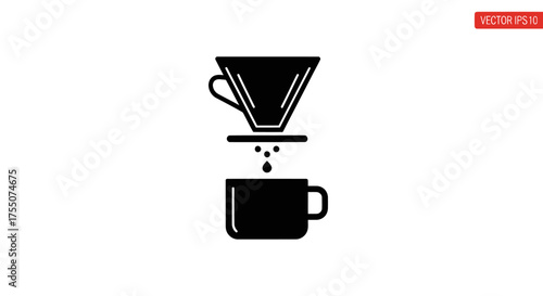Black Silhouette Icon of Pour-Over Coffee Dripper Over a Cup.