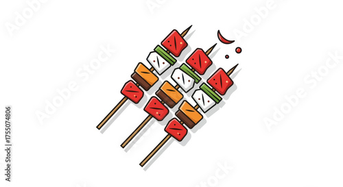 Three Skewers of Grilled Meat and Vegetables.