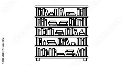 A detailed line drawing of a tall five-shelf wooden bookcase filled with books and decorative items.