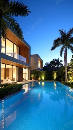 Modern architecture illuminated pool palm trees exterior night blue sky