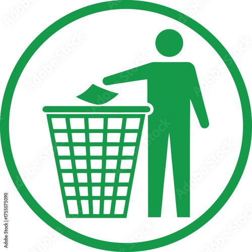 Green person disposing paper into bin silhouette
