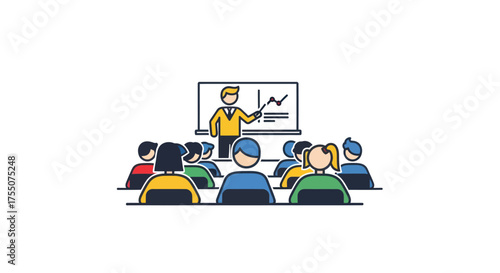 Teacher instructing students in a classroom with a whiteboard presentation.