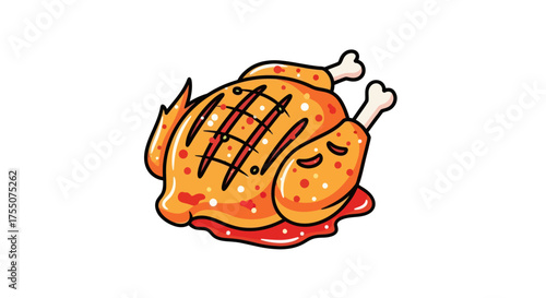 Roasted Chicken Cartoon with Grill Marks and Bone Details.