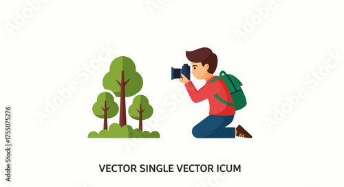 Cartoon Male Photographer Kneeling with Camera Capturing Green Trees.