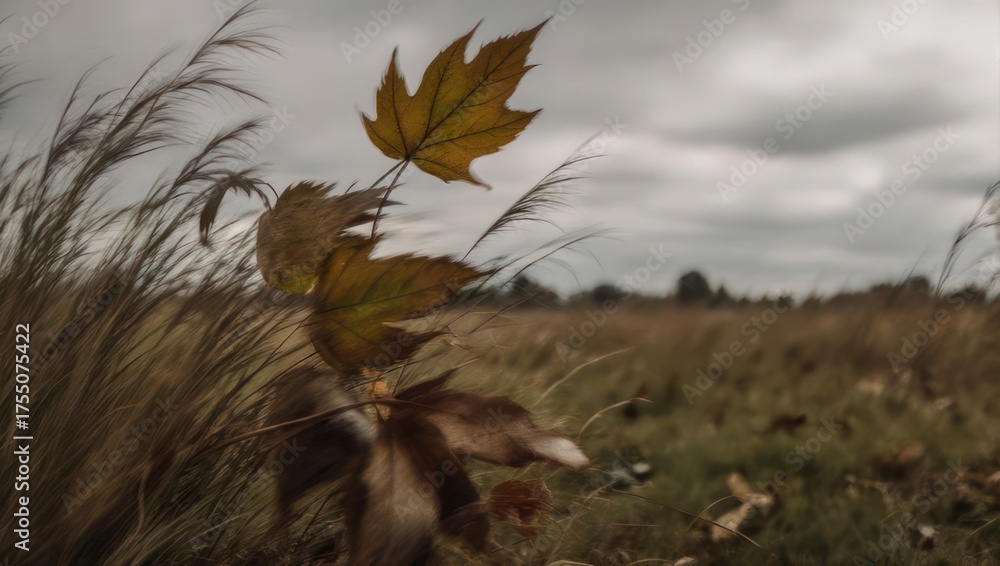 Obraz premium Wind-blown autumn leaves and tall grass in a field under a stormy sky