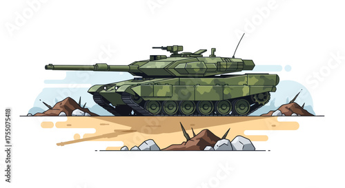 Modern Camouflaged Military Tank on Sandy Terrain with Debris.