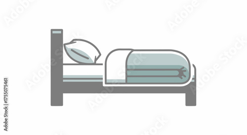 Simple flat icon of a single bed in side view with a pillow and blue duvet.