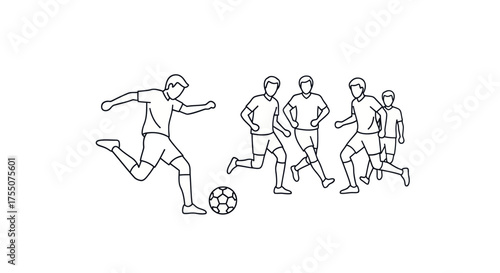 Line Art Illustration of Soccer Players Kicking Football.