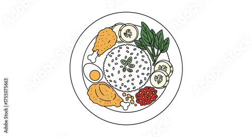 Nasi Lemak Illustration: Malaysian Coconut Rice Dish with Chicken and Condiments.