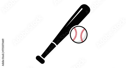 Black Baseball Bat and Baseball with Red Stitching.