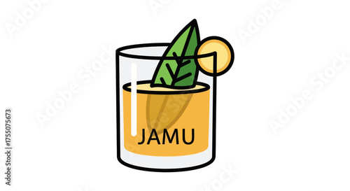 Glass of Indonesian Jamu herbal tonic with a green leaf and citrus garnish.