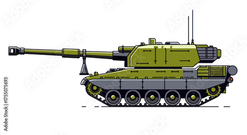 Detailed Illustration of a Modern Military Tank with Long Cannon and Tracked Chassis.
