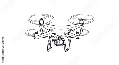 A black and white line art illustration of a modern quadcopter drone flying with a camera.