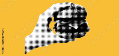 A hand collage with a burger and halftone for a fast food or retro design with a pop art and vintage style.